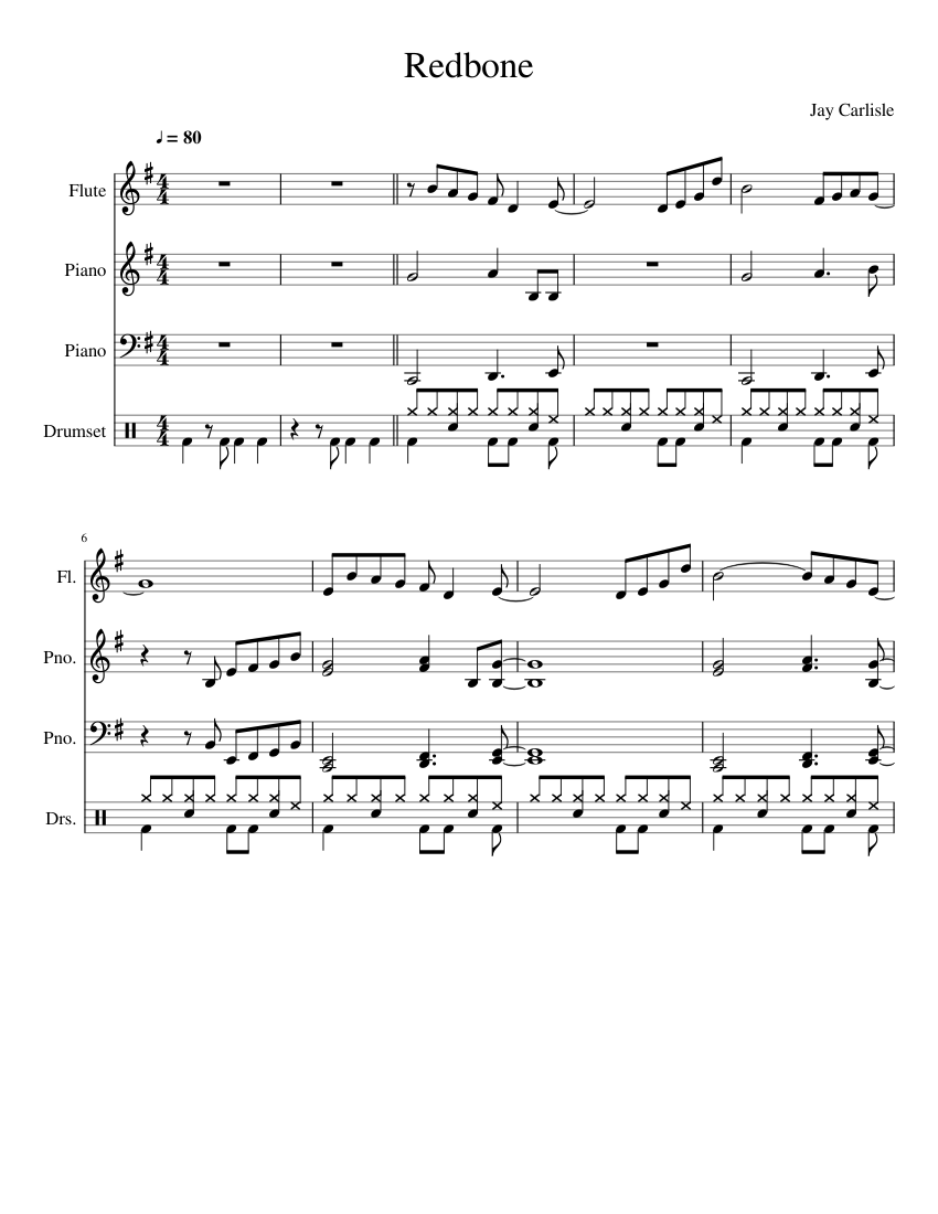 Redbone Sheet music for Piano, Flute, Drum Group (Mixed Quartet
