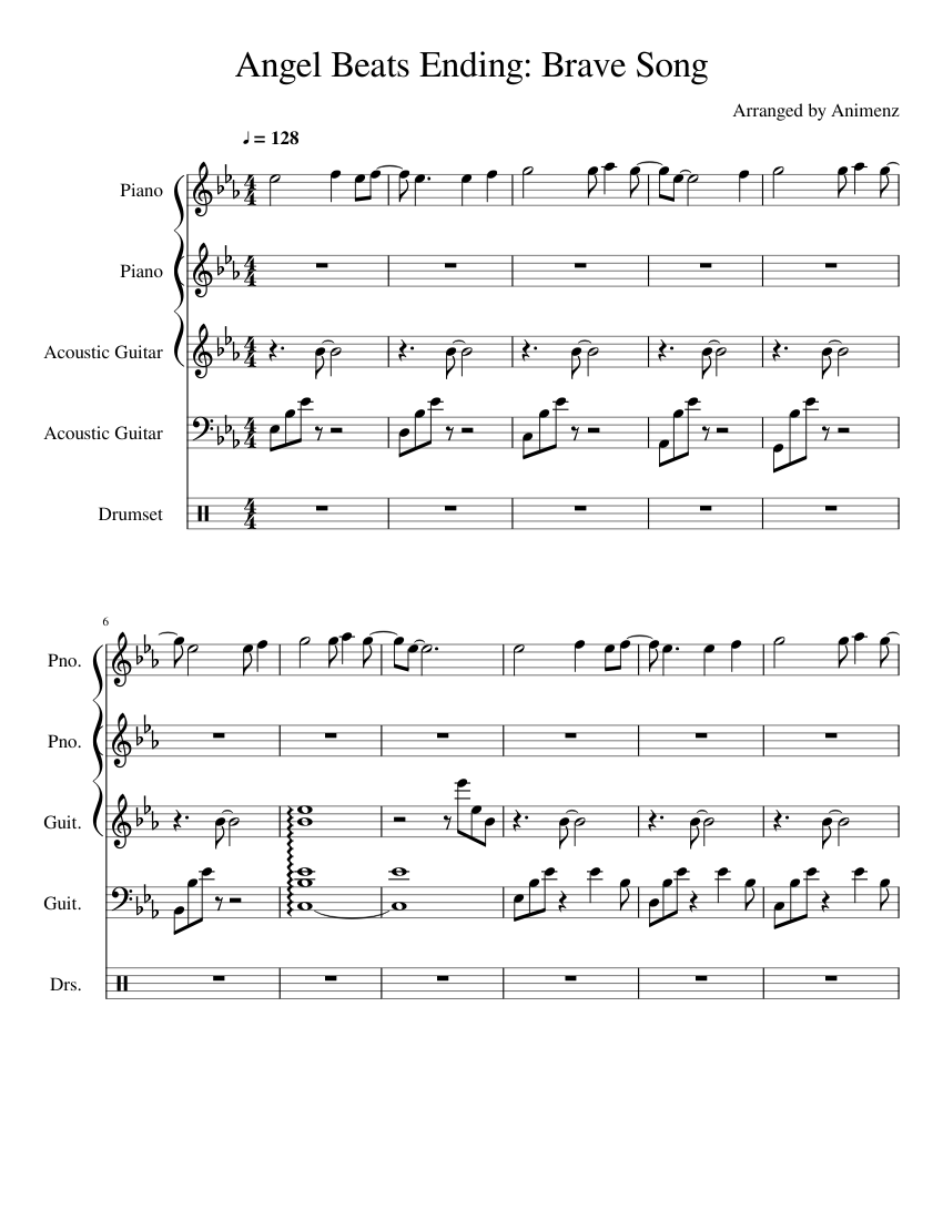 Angel Beats Ending Brave Song Sheet Music For Piano Drum Group Guitar Mixed Quintet Musescore Com