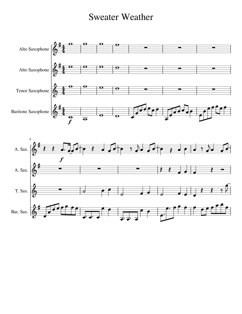 Sweater Weather Sax Quartet Sheet Music For Saxophone Alto