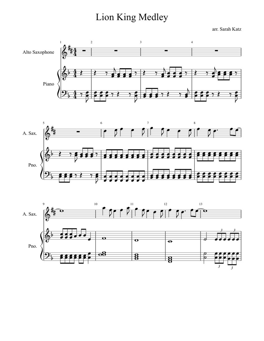 Lion King Medley Sheet music for Piano, Alto Saxophone | Download free in PDF or MIDI ...