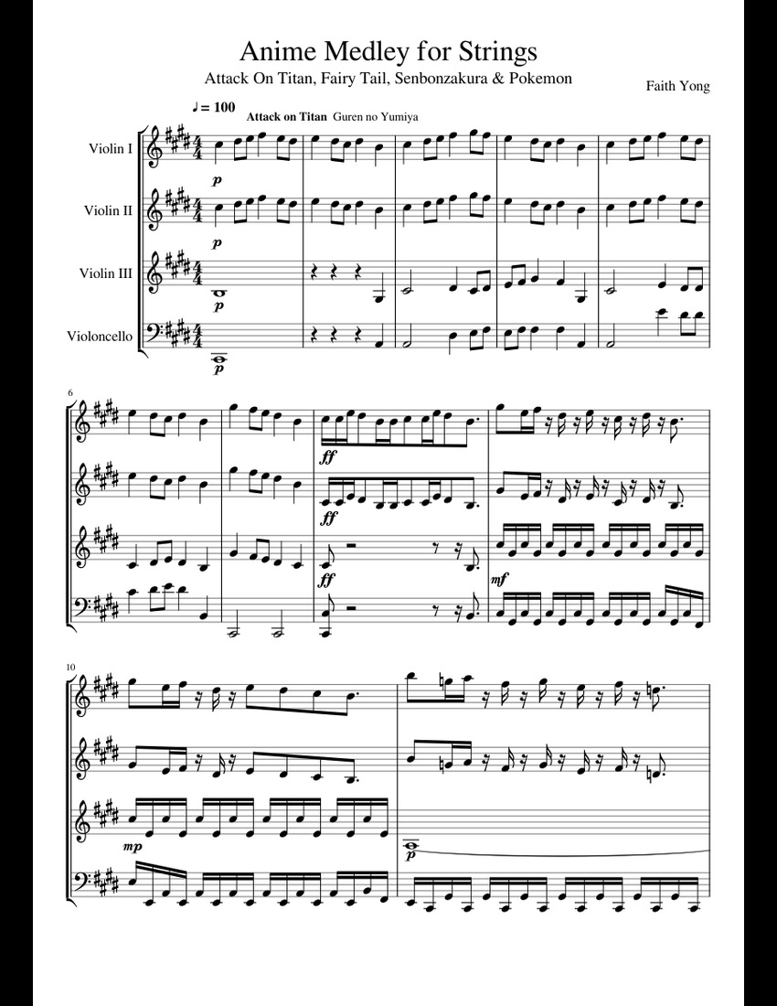 Anime Medley for 3 violins and cello sheet music for Violin, Cello