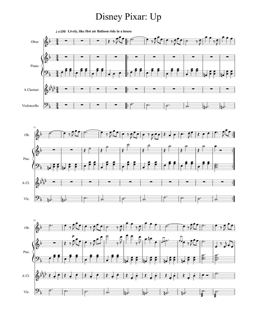 Disney's UP Sheet music for Piano, Clarinet, Oboe, Cello ...