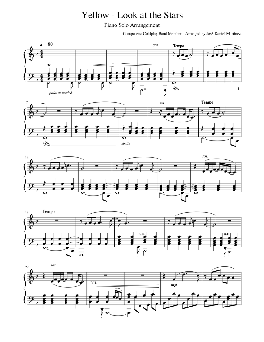 Yellow - Coldplay - Look at the Stars sheet music for Piano download