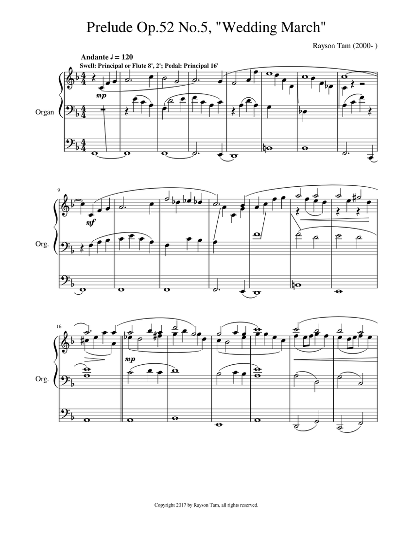 Prelude Op.52 No.5, "Wedding March" for Organ Sheet music