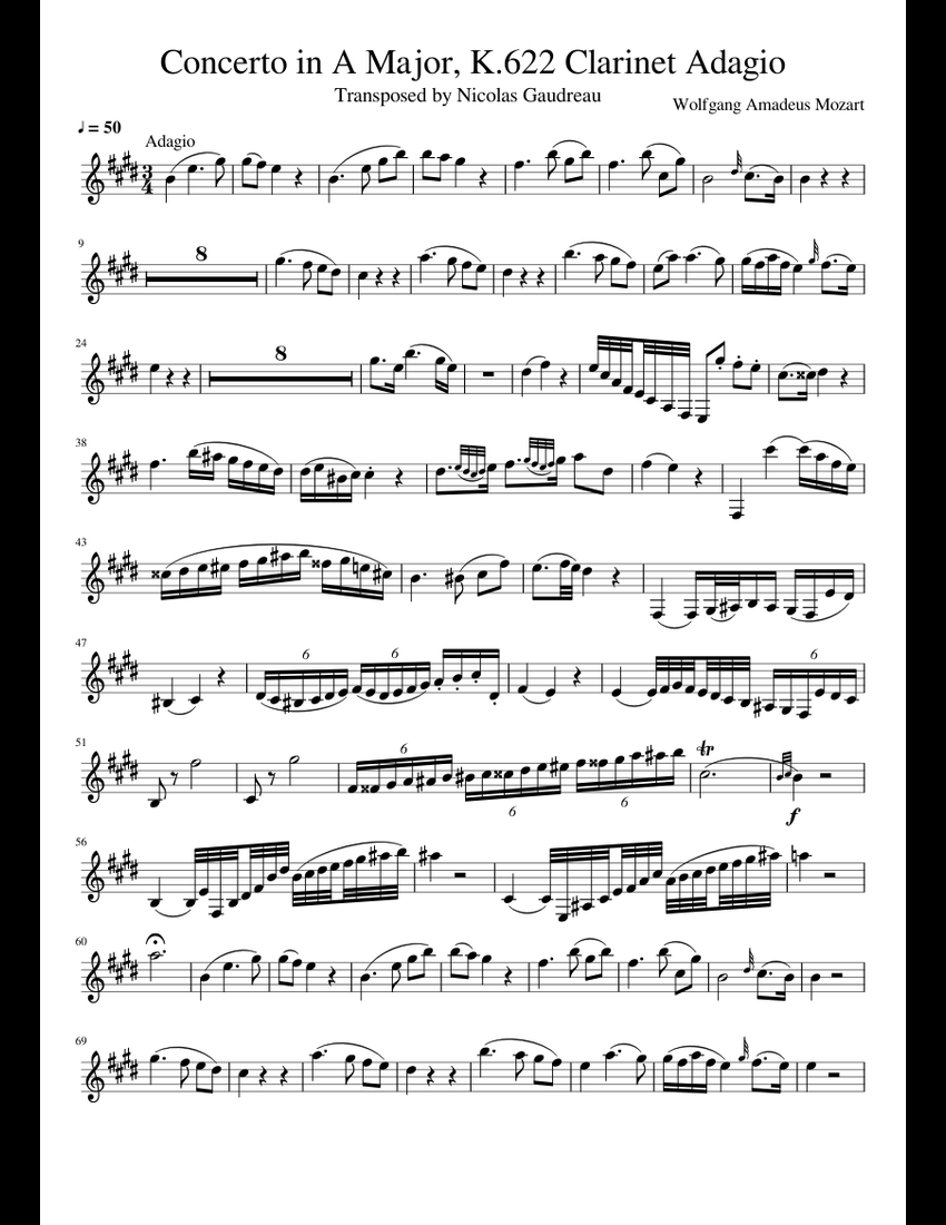 Concerto in A Major, K.622 Adagio sheet music for