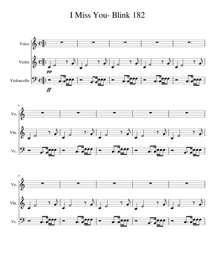 I Miss You - Blink 182 sheet music for Violin, Voice, Cello download