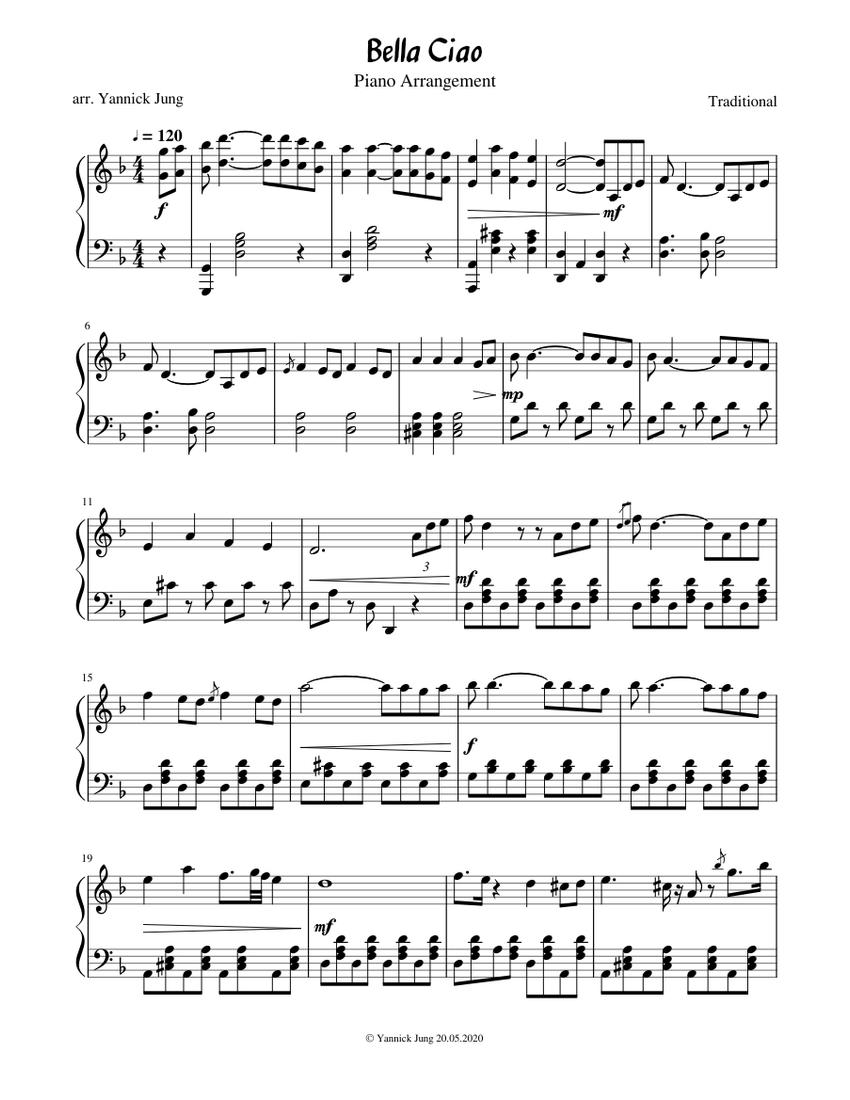 Bella Ciao - Piano Arrangement Sheet music for Piano (Solo) | Musescore.com
