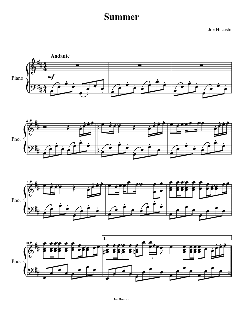 Summer (Joe Hisaishi) sheet music for Piano download free in PDF or MIDI