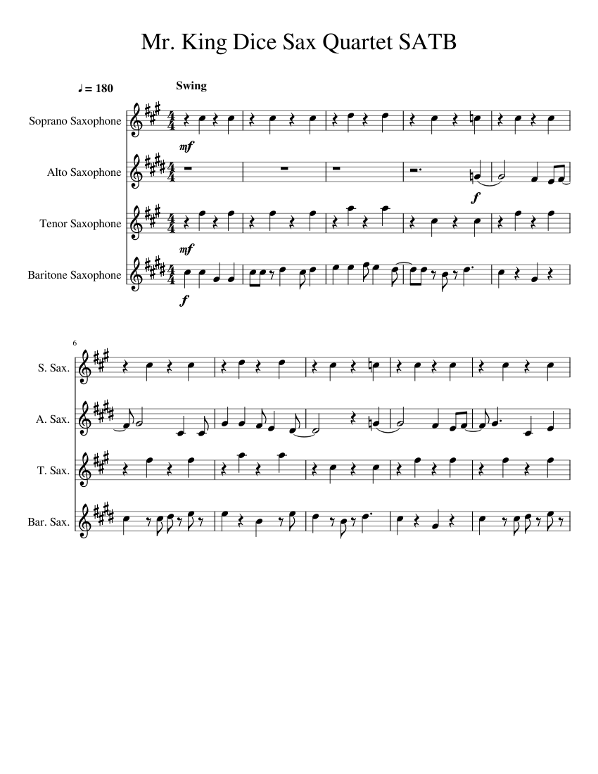 Mr King Dice Sax Quartet SATB Sheet music for Soprano Saxophone, Alto