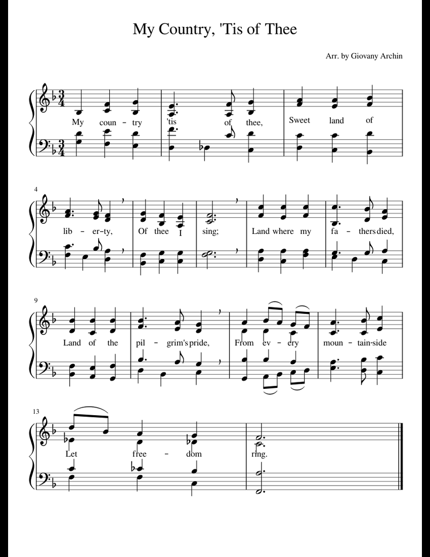My Country, 'Tis of Thee sheet music for Piano, Voice download free in