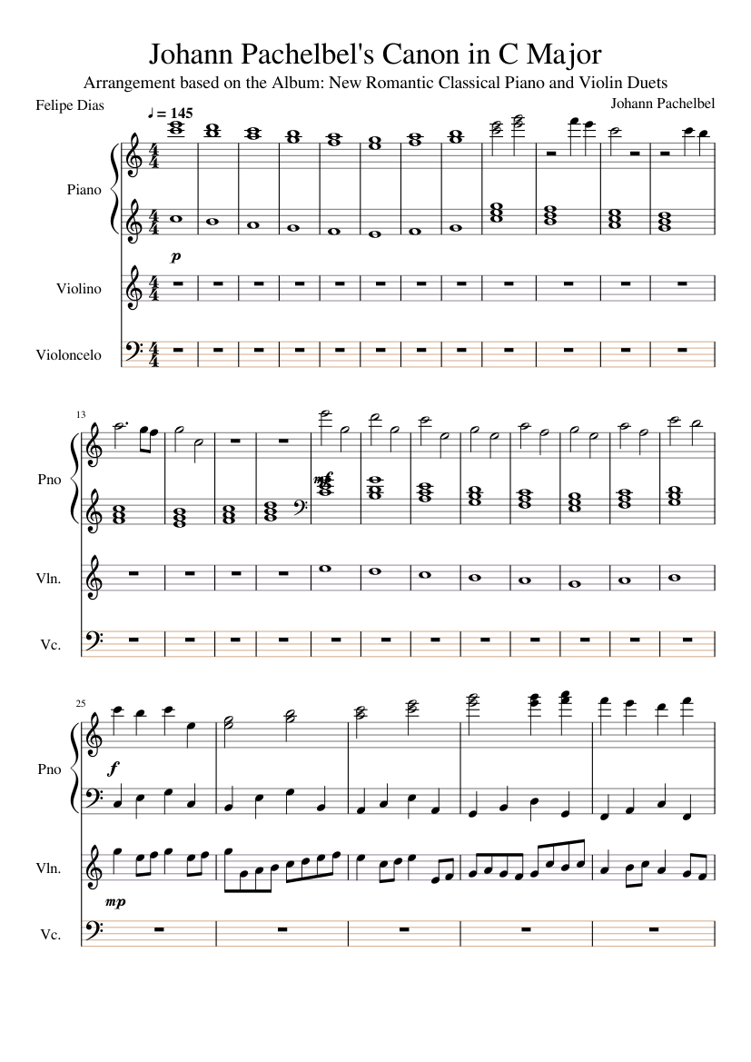 Pachelbel's Canon in C Major sheet music for Piano, Violin, Cello