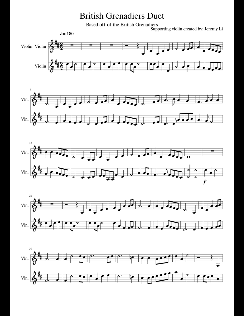 British Grenadiers Duet sheet music for Violin download free in PDF or MIDI