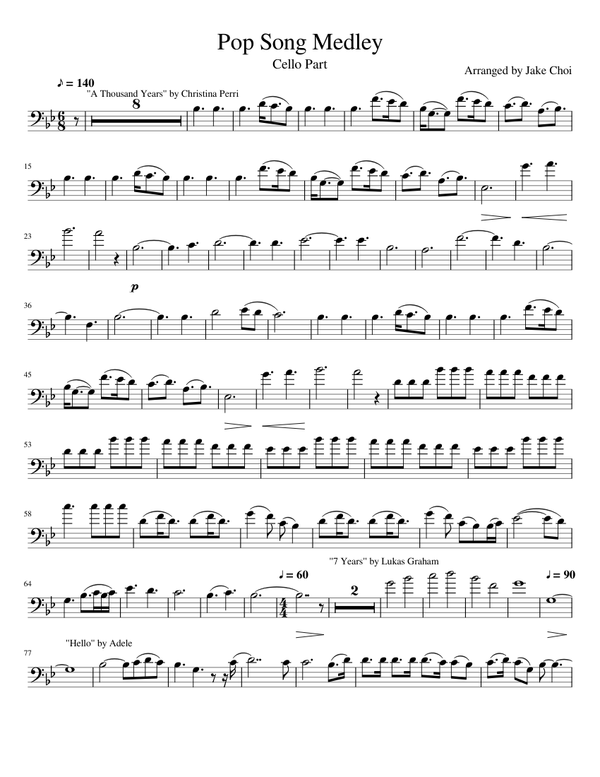 Pop Song Medley Cello Part Sheet music for Piano | Download free in PDF