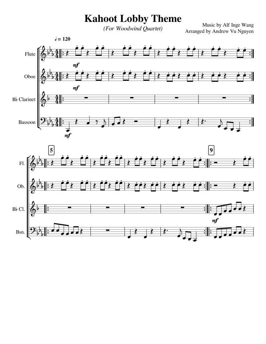 Kahoot Lobby Theme Woodwind Quartet Arrangement Sheet Music For