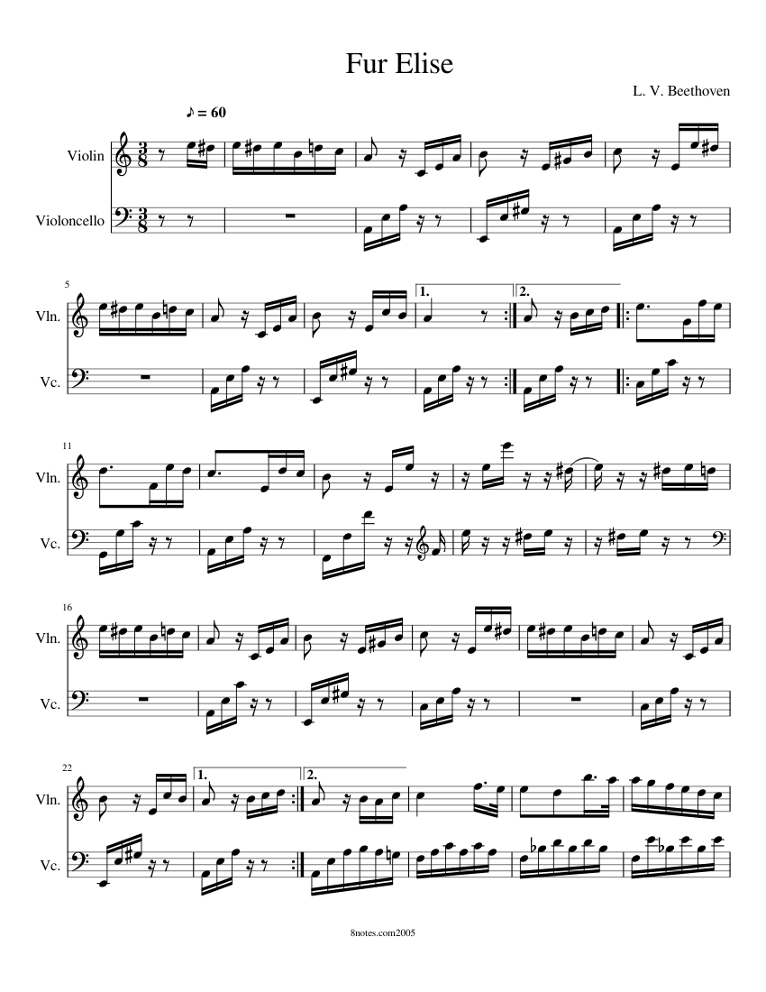 fur elise sheet music for Violin, Cello download free in ...