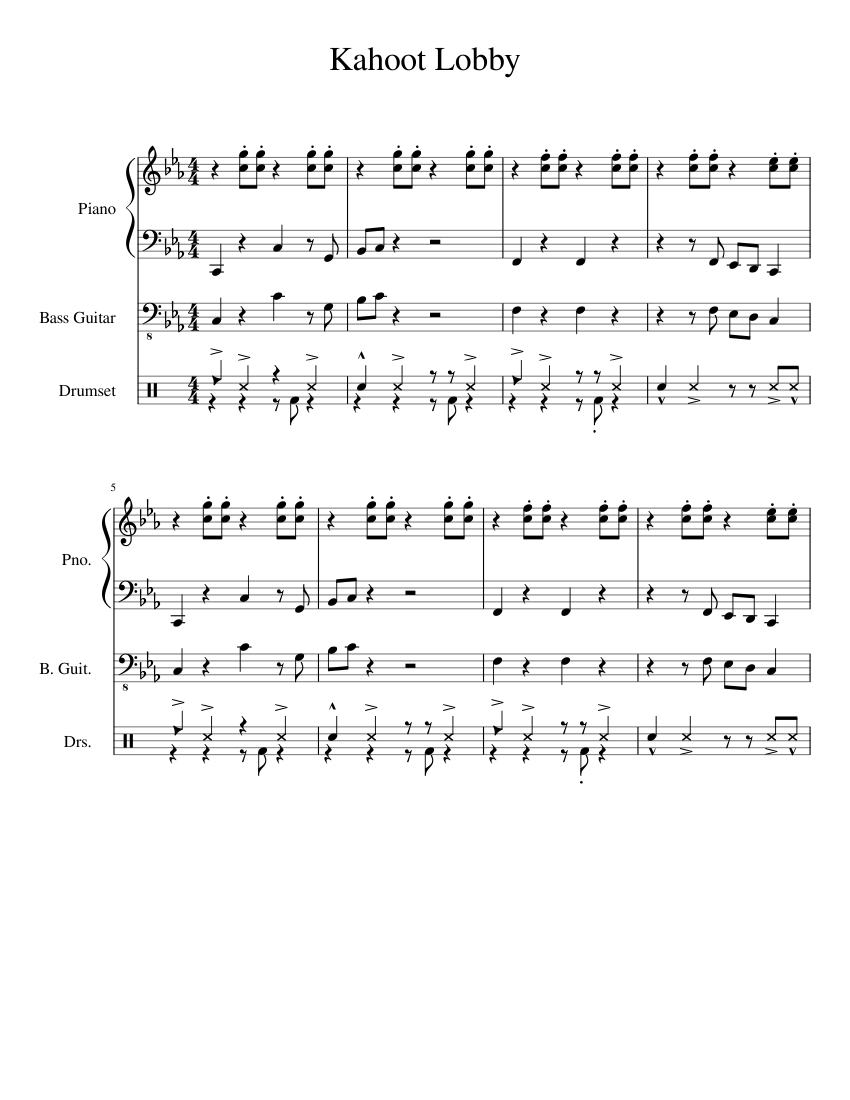 Kahoot Lobby Sheet Music For Piano Bass Percussion Download