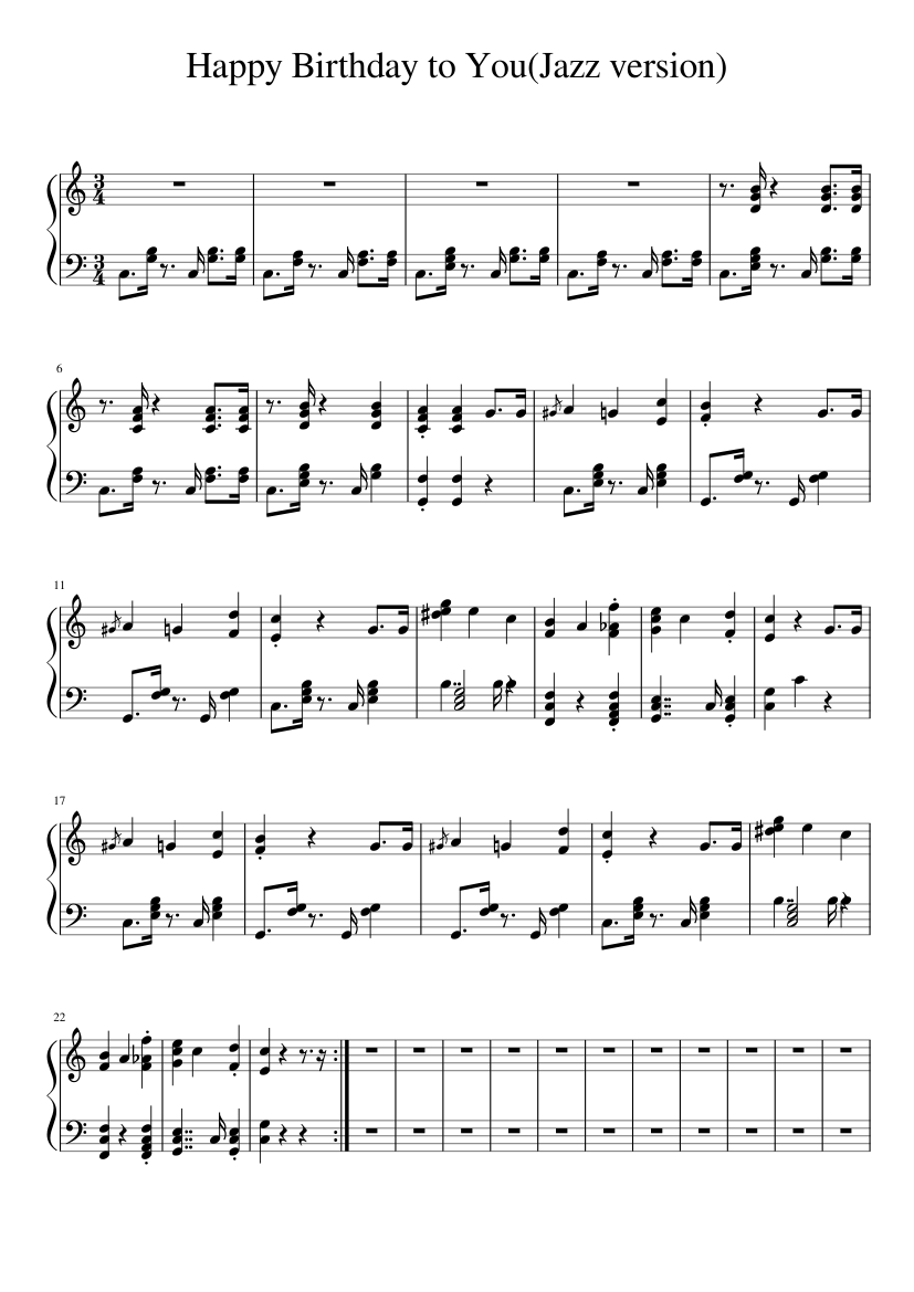 Happy Birthday to You(Jazz version) sheet music  – 1 of 2 pages