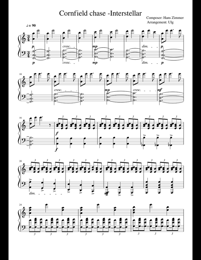 Hans Zimmer: Cornfield Chase sheet music for Piano download free in PDF