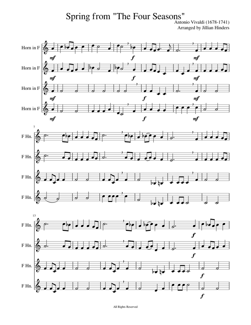 Spring from "The Four Seasons" Horn Quartet sheet music for French Horn