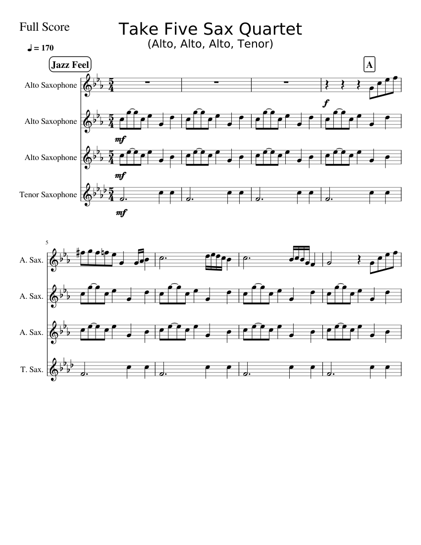 Take Five Saxophone Quartet (Alto, Alto, Alto, Tenor) Sheet music for ...
