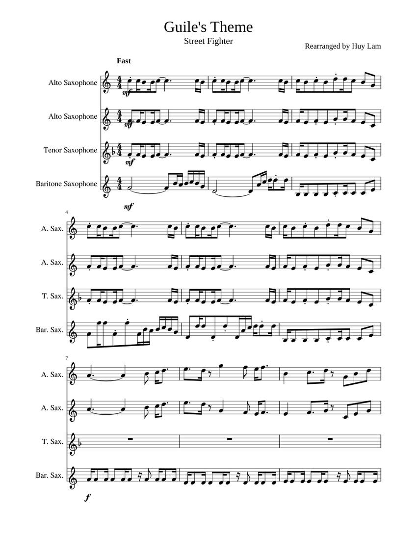 Guile's theme sax quartet Sheet music for Alto Saxophone, Tenor Saxophone, Baritone Saxophone