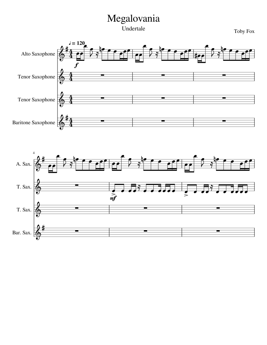 Megalovania Sax Quartet Attb Sheet Music For Alto Saxophone