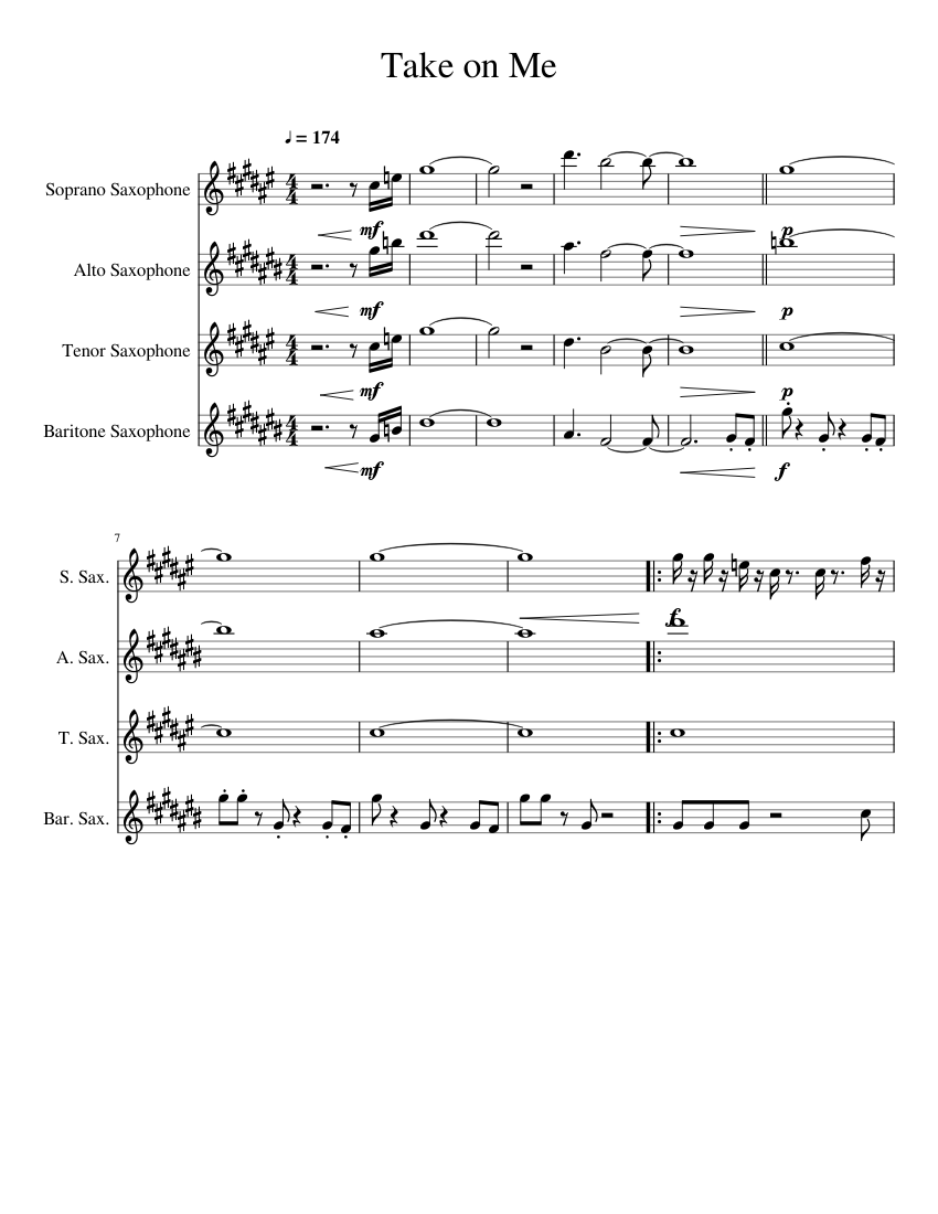 Take on Me Sheet music for Saxophone (Alto), Saxophone (Tenor
