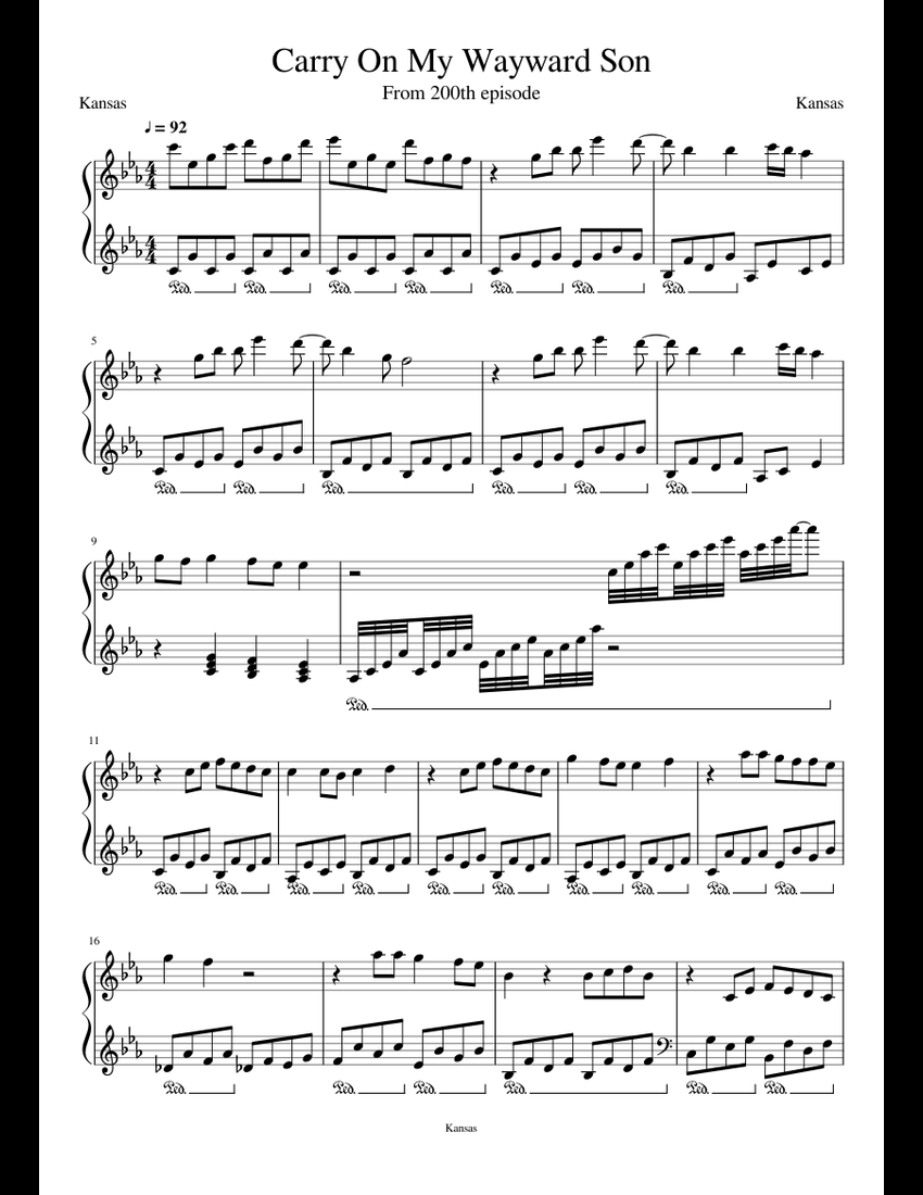 Carry On My Wayward Son sheet music for Piano download free in PDF or MIDI