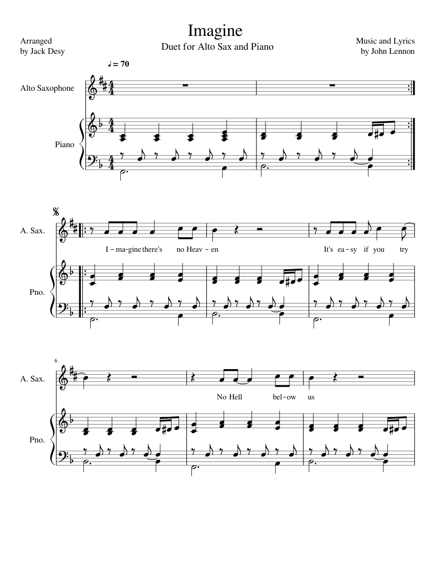 Imagine Duet For Alto Saxophone Piano Sheet Music For Piano Saxophone Alto Solo