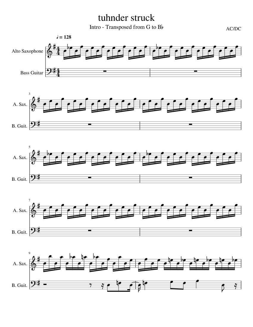 Thunderstruck Ac Dc Sheet Music For Saxophone Alto Bass Mixed Duet Musescore Com