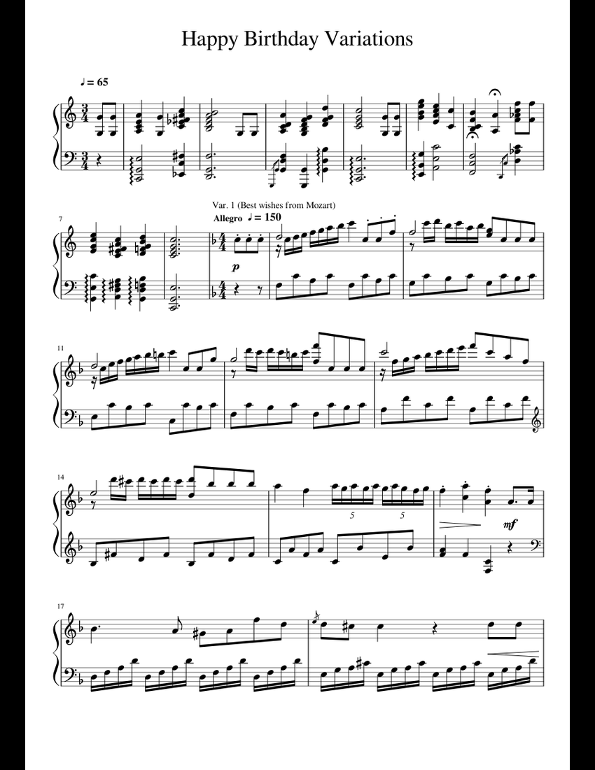 Happy Birthday Variations sheet music for Piano download free in PDF or