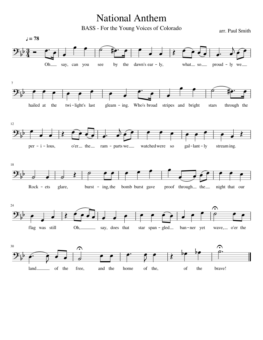 Star Spangled Banner - Bass sheet music for Piano download free in PDF