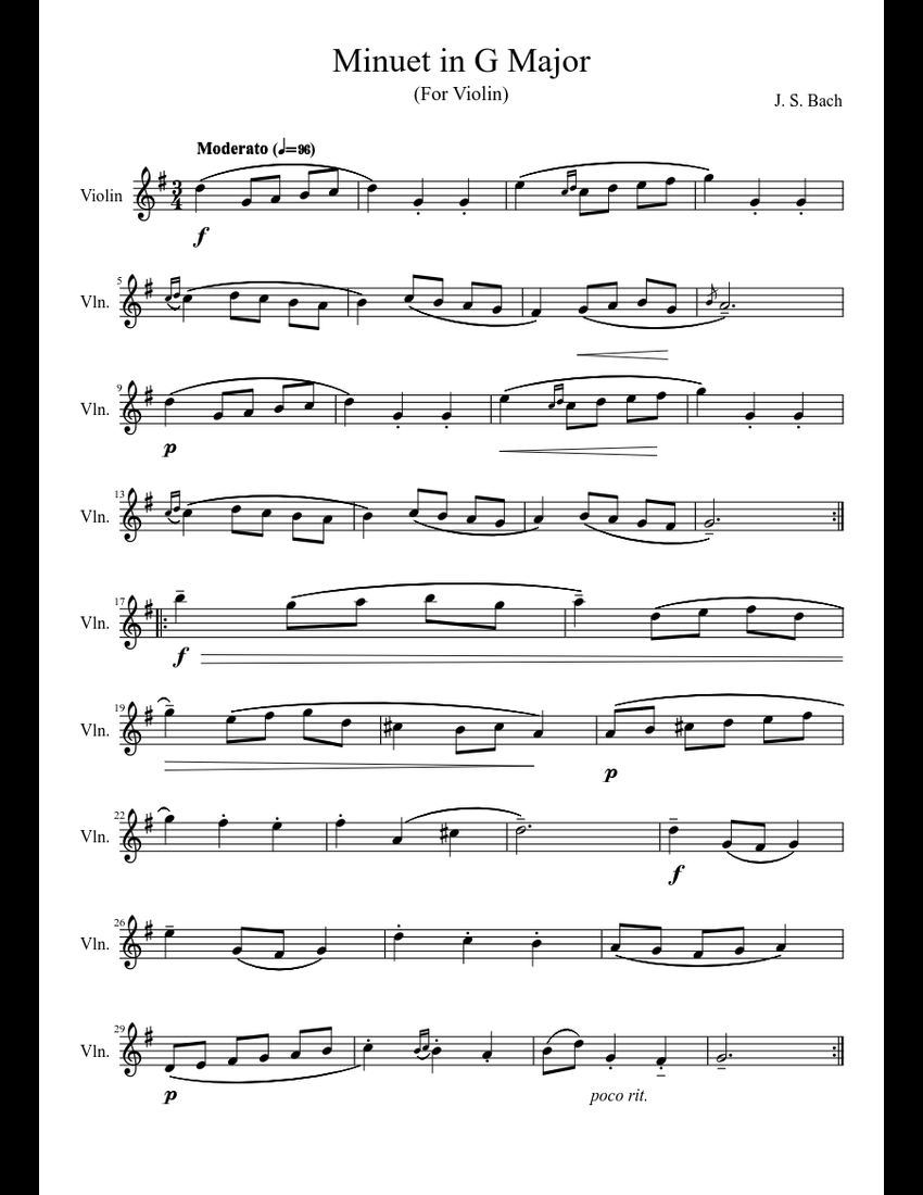 Bach Minuet in G Major sheet music for Violin download free in PDF or MIDI