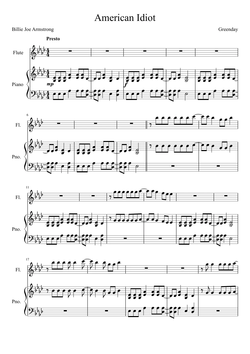 American Idiot By Greenday Sheet Music For Flute Piano
