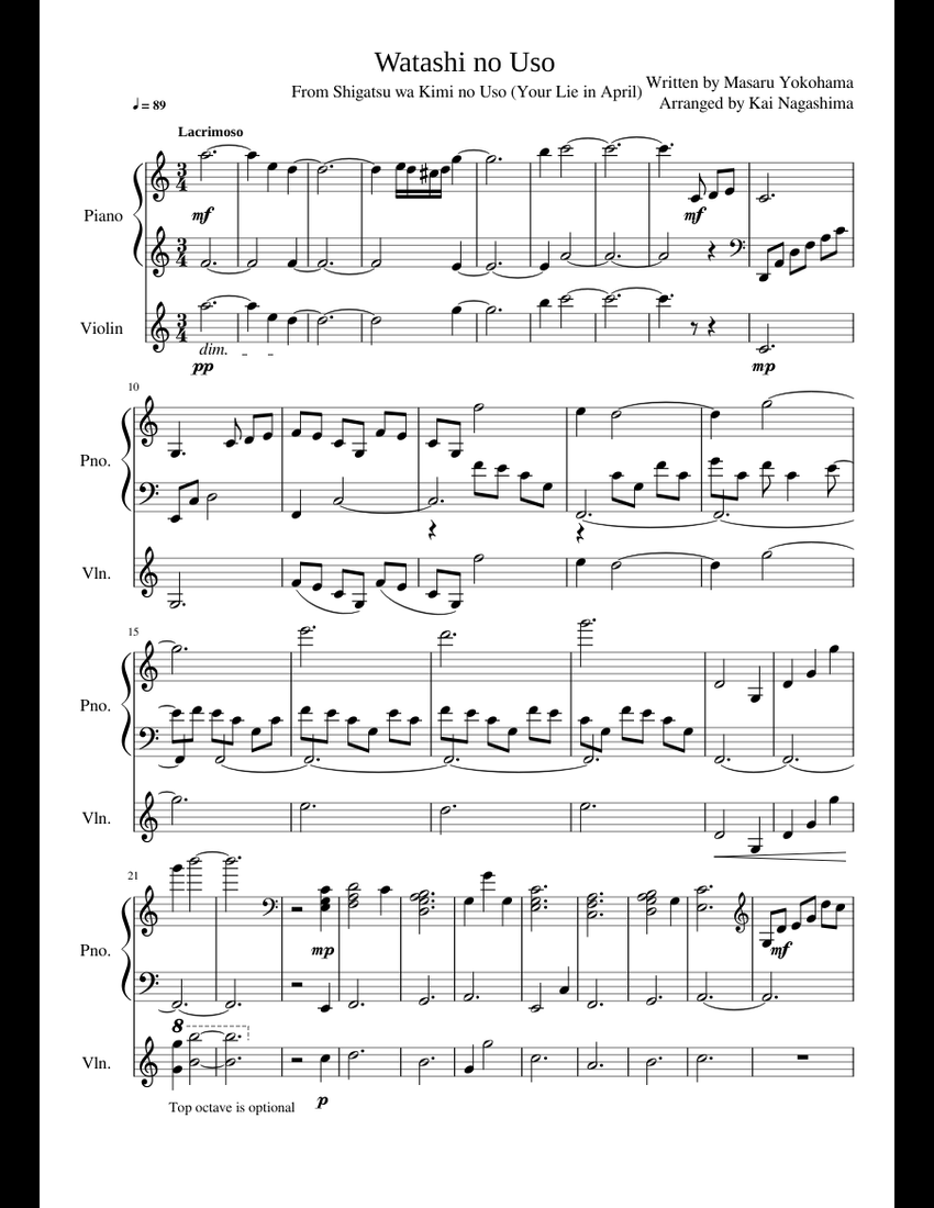 Watashi no Uso Violin and Piano Duet sheet music for Piano, Violin ...