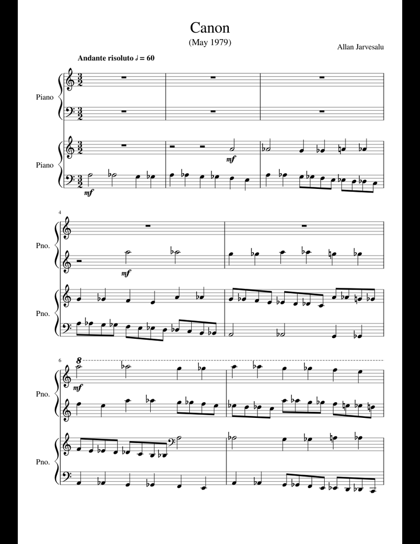 Canon sheet music for Piano download free in PDF or MIDI