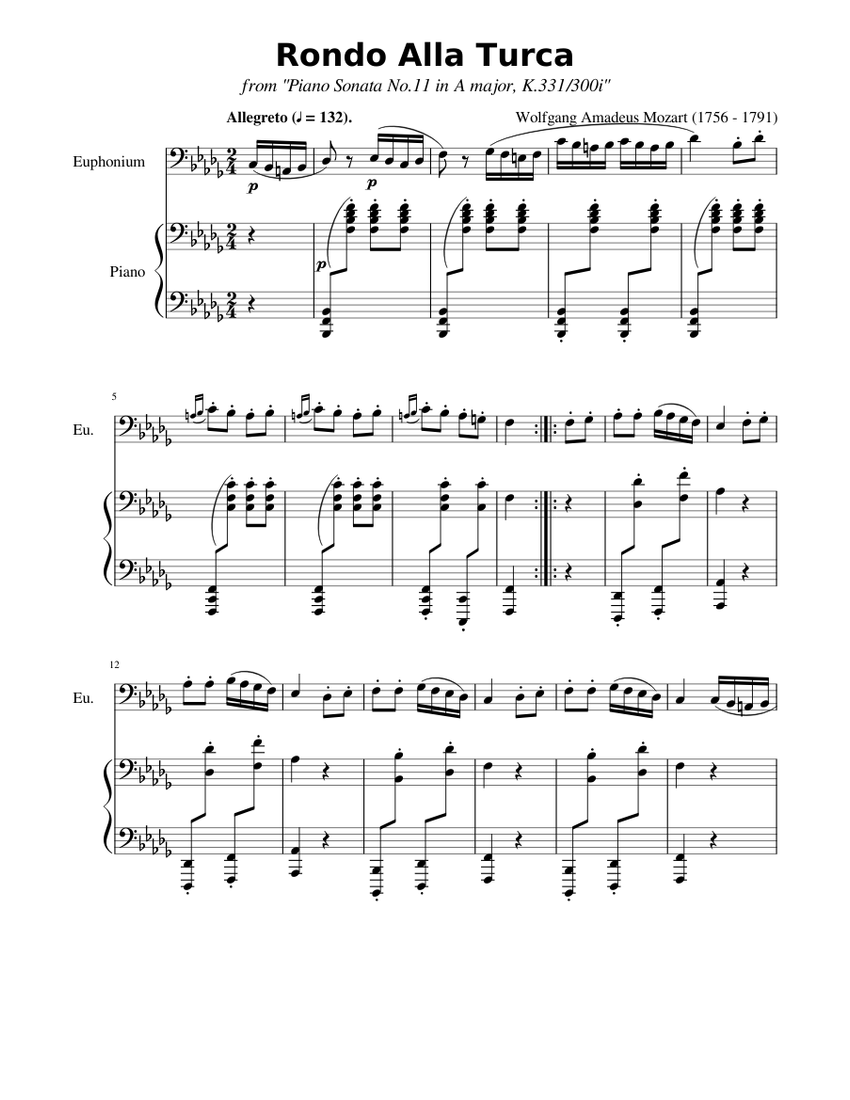 Rondo Alla Turca Sheet music for Piano, Euphonium (Solo) | Musescore.com