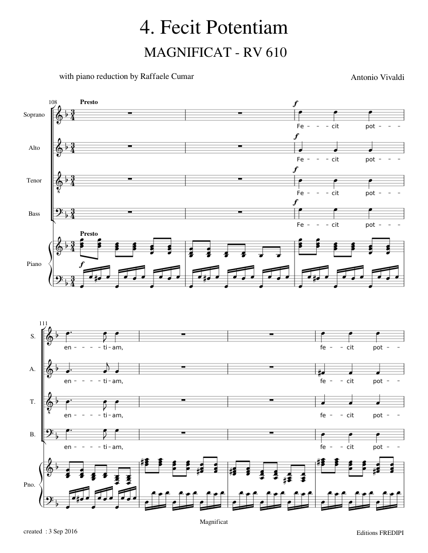 Vivaldi Magnificat Rv 610 N°4 Fecit Potentiam Sheet Music For