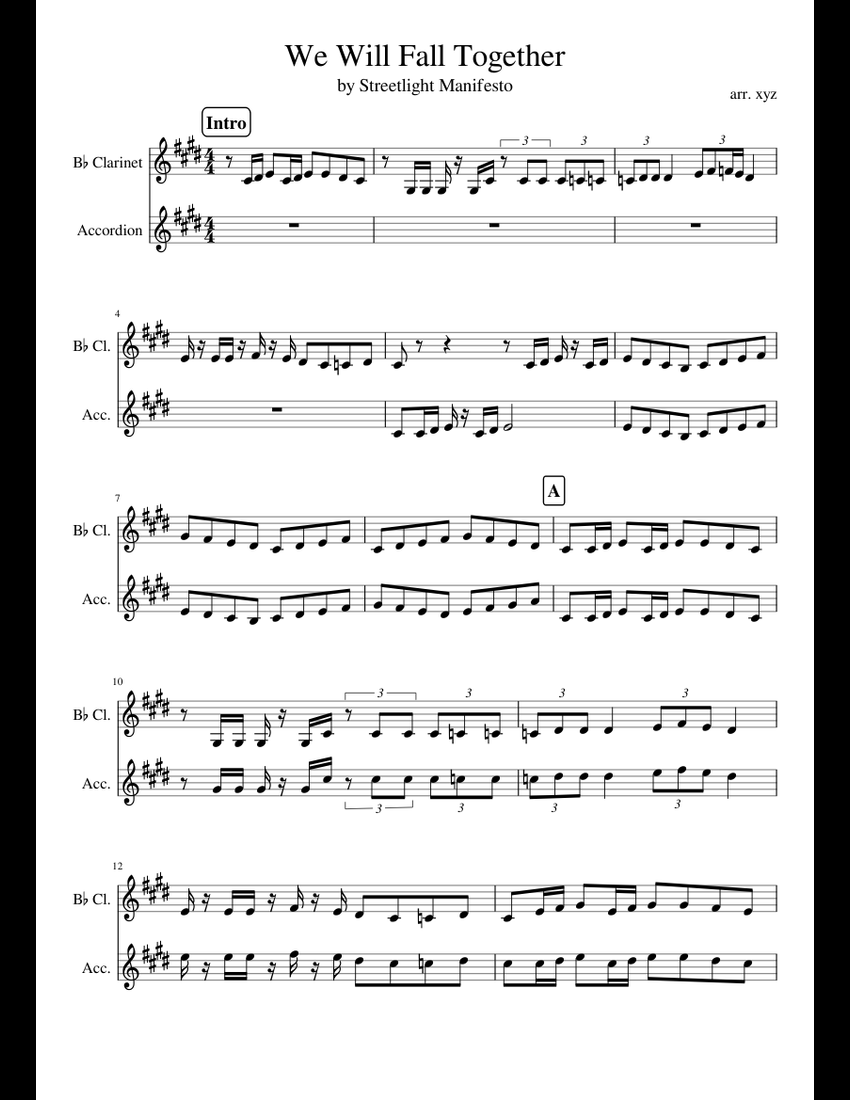 We Will Fall Together sheet music for Clarinet, Accordion download free ...