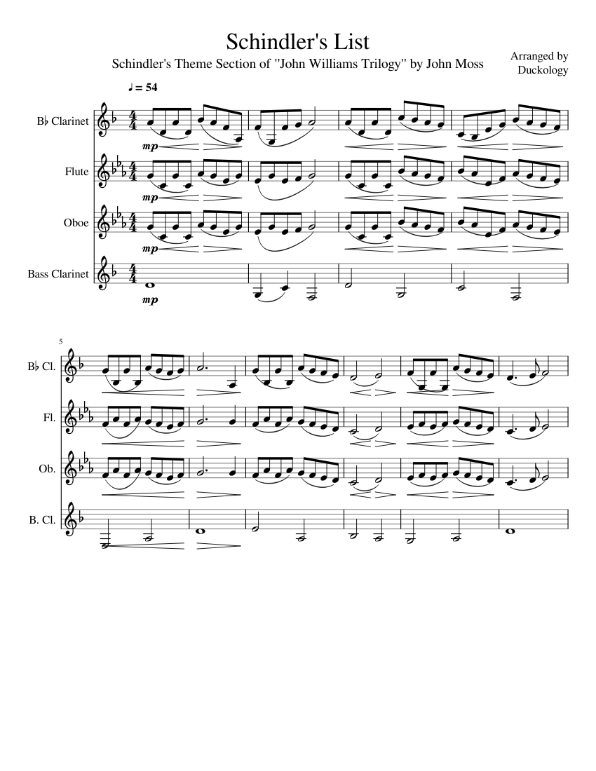 Schindler's List Woodwind Quintet (John Williams Trilogy) sheet music ...