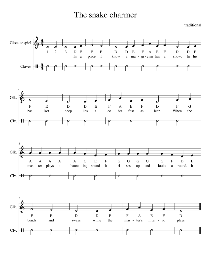 The snake charmer Sheet music for Glockenspiel, Claves (Percussion Duet