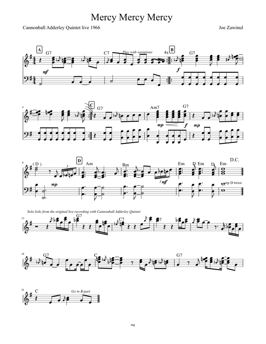 Mercy Mercy Mercy Sheet music for Piano | Download free in PDF or MIDI