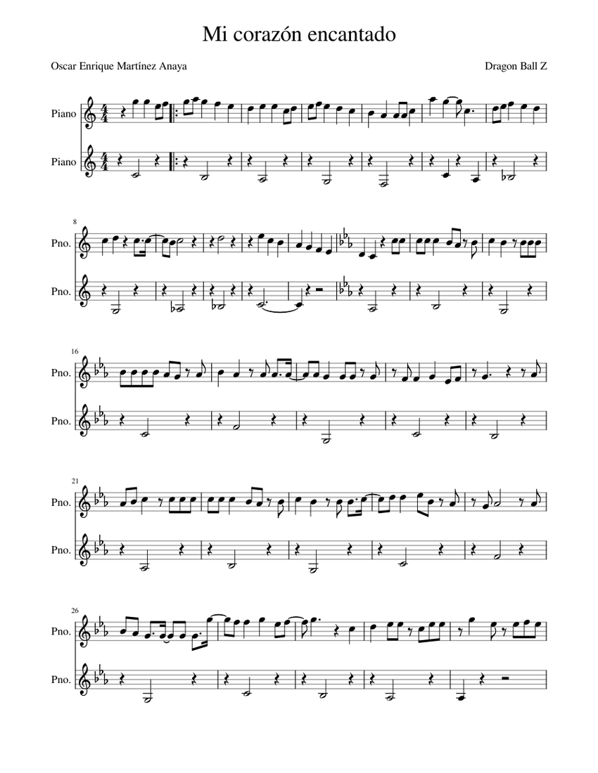 Mi Corazón Encantado Tema de Dragon Ball GT Sheet music for Piano