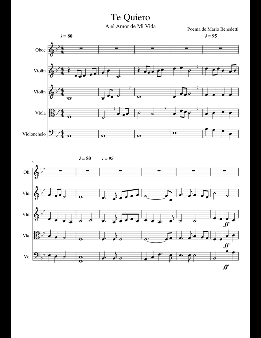 Te Quiero sheet music for Violin, Oboe, Viola, Cello download free in PDF or MIDI
