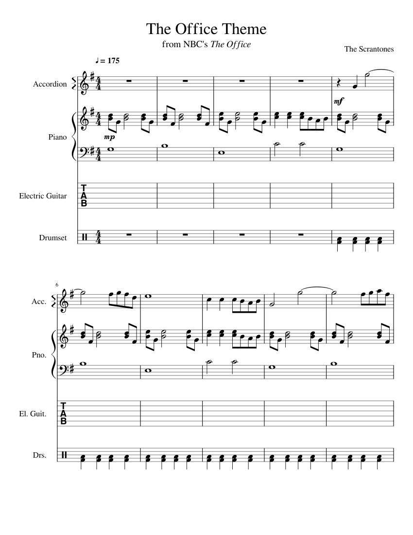 The Office Theme sheet music for Piano, Guitar, Percussion download
