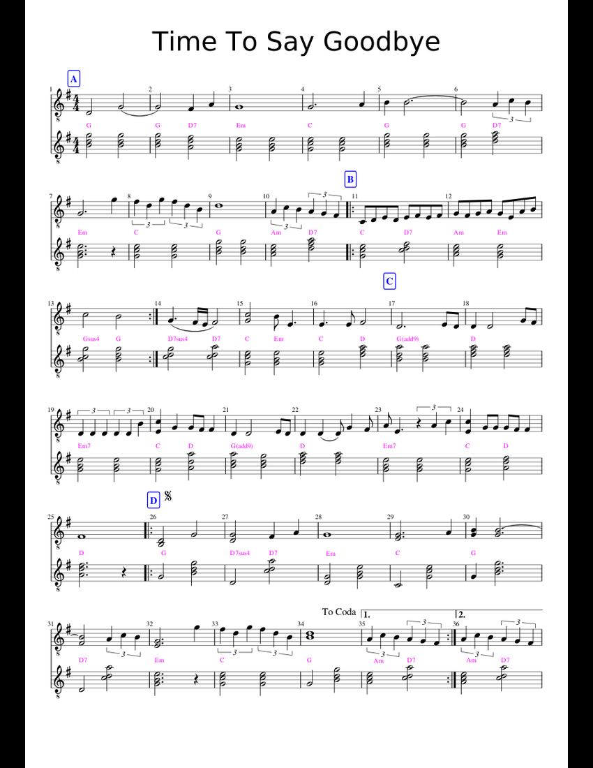 Time To Say Goodbye sheet music for Piano, Guitar download free in PDF