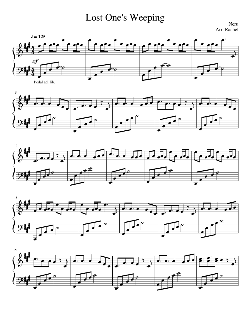 Lost One's Weeping》乐谱，由Neru Arr作曲。 雷切尔--5页中的1页