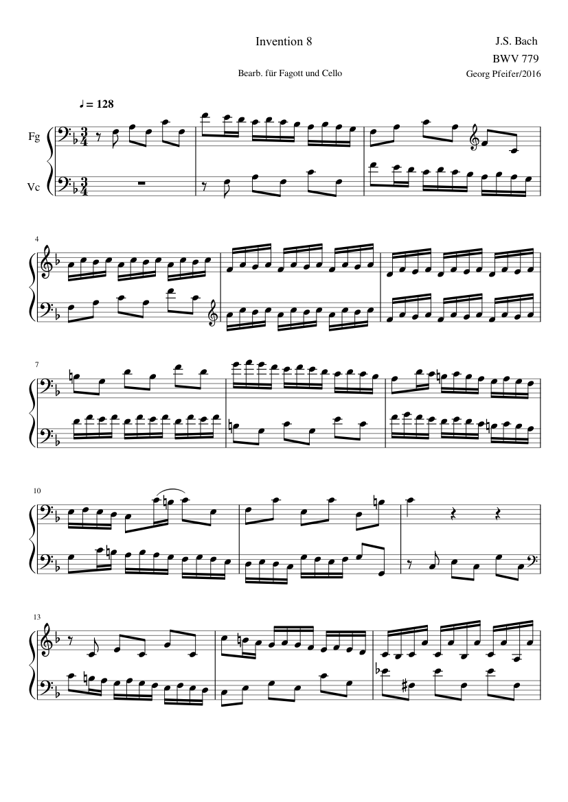 J. S. Bach Invention 8 BWV779 arr. for Bassoon and Violoncello sheet ...