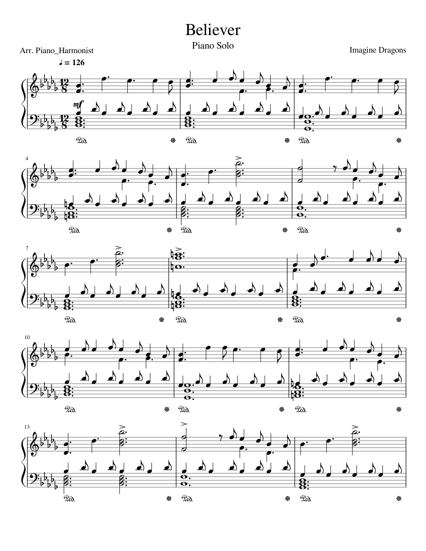 Believer-Imagine Dragons Piano Solo sheet music for Piano download free in PDF or MIDI