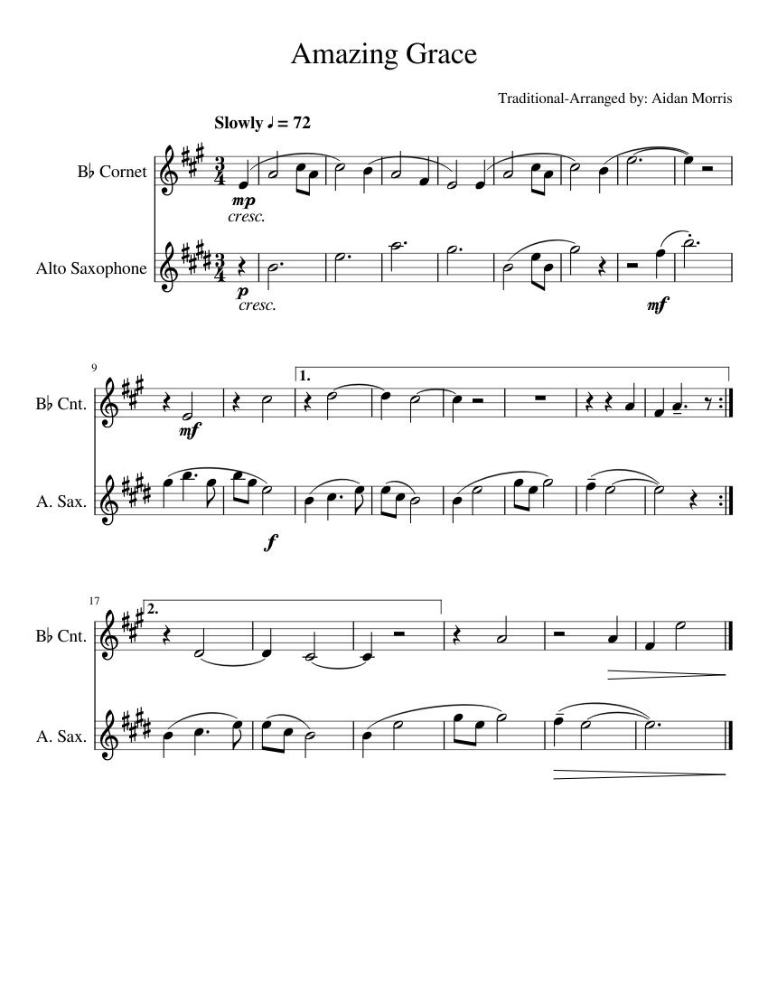 Amazing Grace sheet music for Trumpet, Alto Saxophone download free in PDF or MIDI